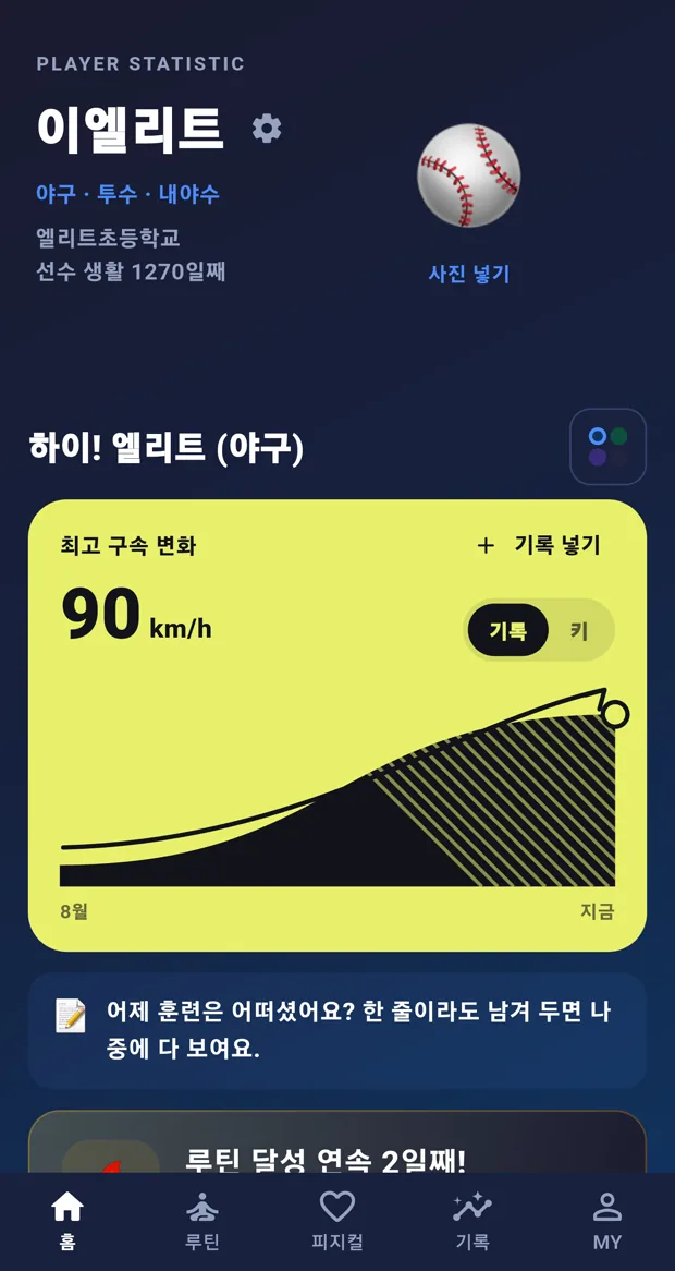 엘리트 루틴 케어 홈 화면 — 선수 카드와 최고 구속 변화 그래프